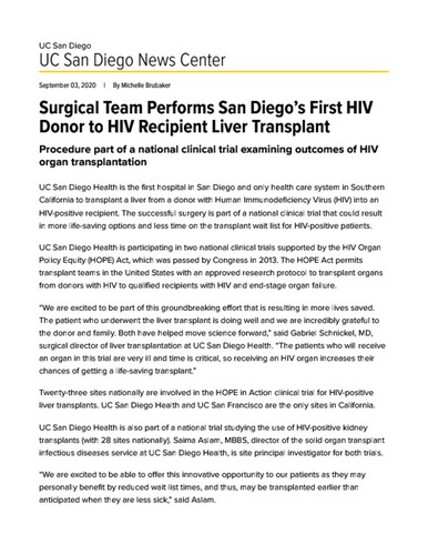 Surgical Team Performs San Diego's First HIV Donor to HIV Recipient Liver Transplant