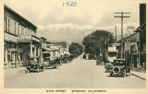 Photographic postcard of ""Main Street"" in downtown Banning, California