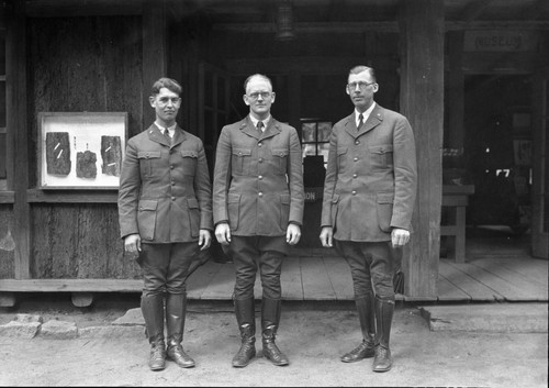 NPS Groups, Naturalist Staff, L to R: Powell, Been, Van Deest at Giant Forest Museum