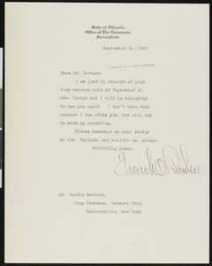 Frank O. Lowden, letter, 1920-09-14, to Hamlin Garland