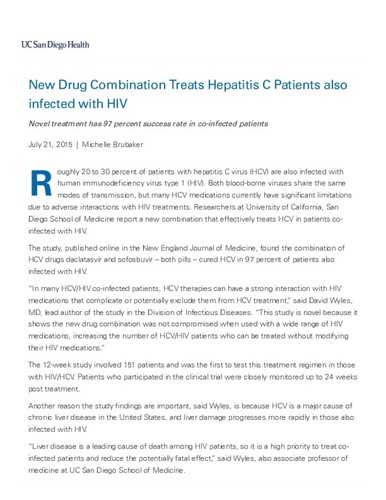 New Drug Combination Treats Hepatitis C Patients also infected with HIV