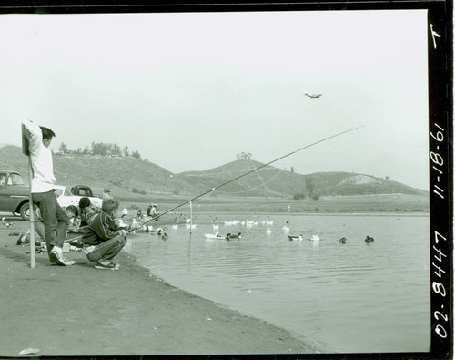 View of fishing at Puddingstone Lake at Frank G. Bonelli Regional Park