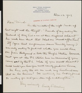 Emily Ethel Overbury, letter, 1929-12-13, to Hamlin Garland