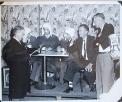 Lions 'debunking'--Joe Silva, Ed Gonsalves, Les Offutt, Ed Herring and three unidentified members, about 1955 (Sebastopol Lions Club scrapbook photo)