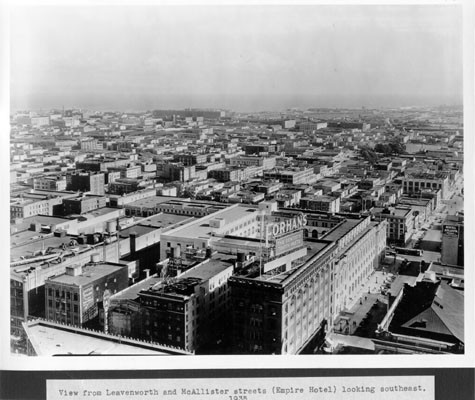 View from Leavenworth and McAllister streets (Empire Hotel) looking southeast. 1935.