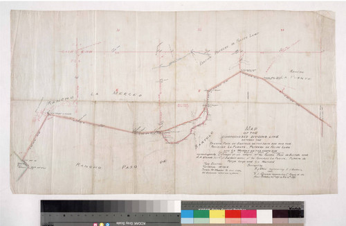 Map of the compromised dividing line between the Rancho Paso de Bartolo on the south side and the Ranchos La Puente, Potrero de Felipe Lugo and La Merced on the north side agreed upon by C. Prager et als owners of the Rancho Paso de Bartolo and H. A. Unruh for E.J. Baldwin owner of the Ranchos La Puente, Potrero de Felipe Lugo and La Merced
