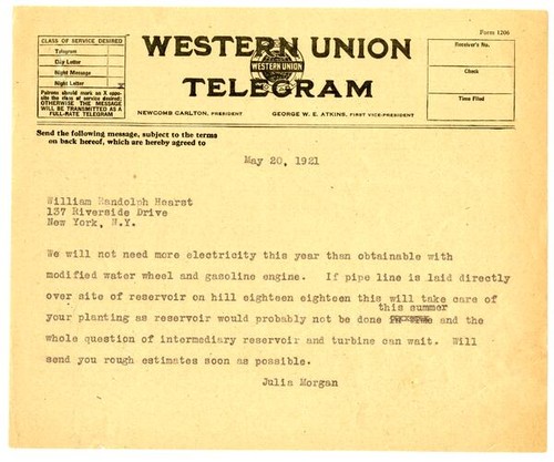 Telegram from Julia Morgan to William Randolph Hearst, May 20, 1921