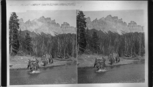 Homeward bound and old hunter and daughters in the Ramshorne Mountains, Wyoming U.S.A. [Col. Patrick, Stroud, OK near Brooks Lake, with Inez Wightman and Julia Angelo Boardman, 1901. 1/18/85 JBM]