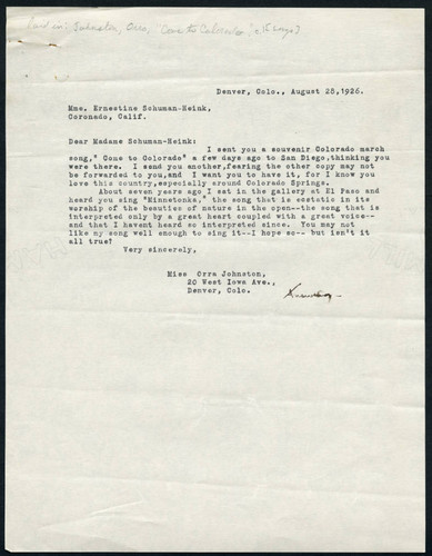 Orra Johnston letter to Schumann-Heink, 1926 August 25