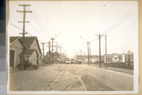 North on 3rd St. from 23rd St. Dec. 1928. With the Potrero Car Barns on the left of the Market St. Rail Road