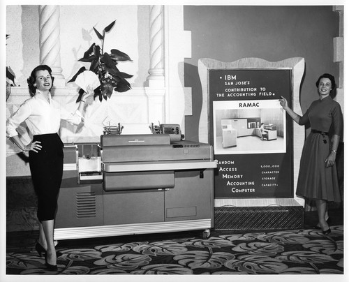 Two Women Showcasing the IBM RAMAC Accounting Computer System