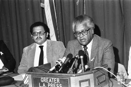 Rev. James Lawson discussing plans for Peace Sunday at a press conference, Los Angeles, 1982