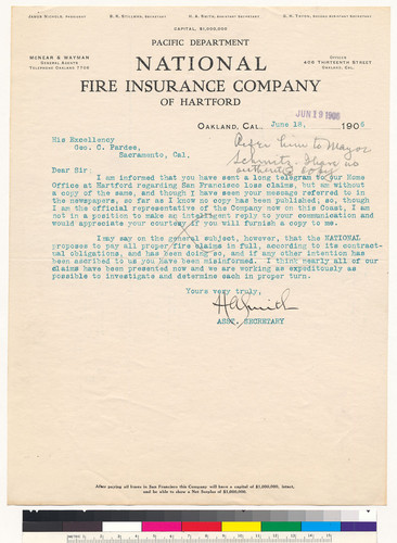 Earthquake Settlements: National Fire Insurance of Hartford, Oakland, CA