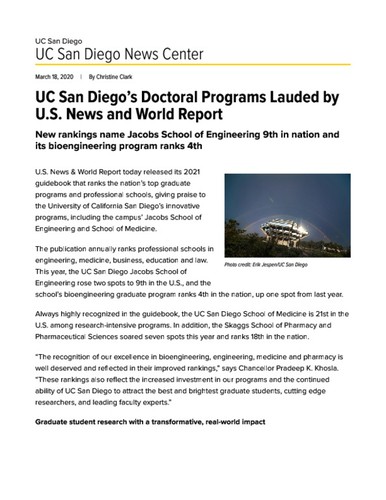 UC San Diego’s Doctoral Programs Lauded by U.S. News and World Report