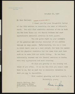Nicholas Murray Butler, letter, 1937-10-20, to Hamlin Garland