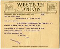 Telegram from William Randolph Hearst to Julia Morgan, May 20, 1930