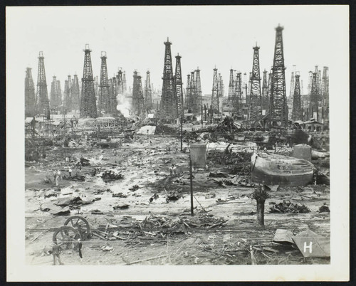 Oil field after a fire (Fisher Oil fire ?)