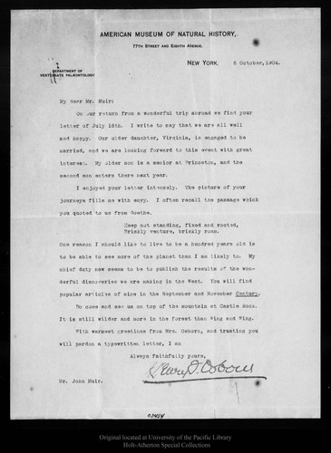 Letter from Henry F. Osborn to John Muir, 1904 Oct 5