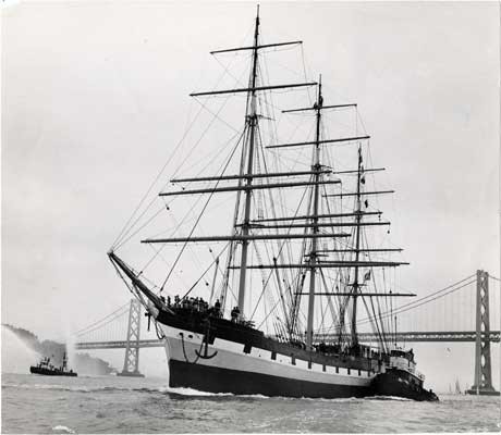 [Sailing ship "Balclutha" in San Francisco Bay, with Bay Bridge in background]