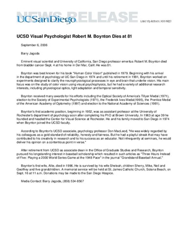 UCSD Visual Psychologist Robert M. Boynton Dies at 81