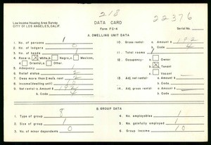 WPA Low income housing area survey data card 218, serial 22376