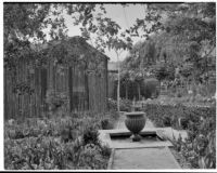 A. G. Mersy residence, fountain in center of planting beds, Pasadena, 1933