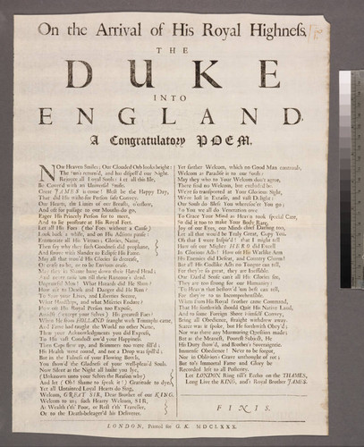 On the arrival of His Royal Highness. The Duke into England· A congratulatory poem