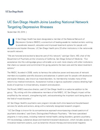 UC San Diego Health Joins Leading National Network Targeting Depressive Illnesses