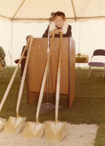 Mrs. Seaver speaking at a ground-breaking ceremony for Seaver College (Pose 2--Color)