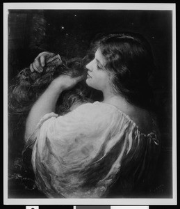 The painting "Summer Night" by H.J. (or G?) Stocks, depicting a woman combing her hair