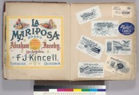 Two album pages with a La Mariposa Brand label and various trade cards