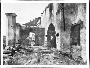 Door to the chapel in the ruins of Mission La Purisima Concepcion, ca.1900