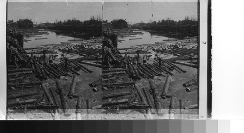 Lumber Mills of the Northwest Lumber Co. Canada. Unloading logs from train into mill prod. Alberta. Can