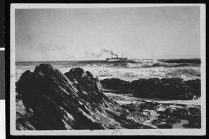The receding tide at Santa Barbara, showing a steam ship, ca.1950