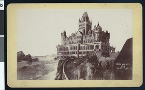 Drawing of the exterior of the Cliff House Restaurant and Seal Rocks in San Francisco, ca.1900