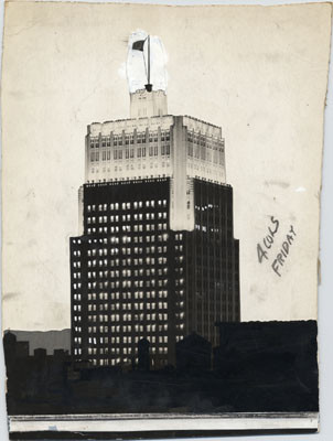 [View of the Pacific Telephone & Telegraph Company building at night]