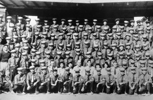 Group of Japanese Americans in uniform at Tule Lake