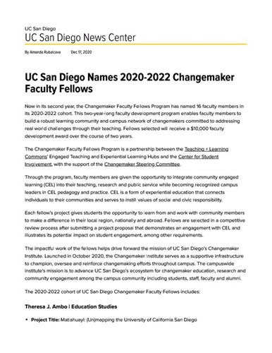 UC San Diego Names 2020-2022 Changemaker Faculty Fellows