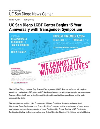UC San Diego LGBT Center Begins 15 Year Anniversary with Transgender Symposium