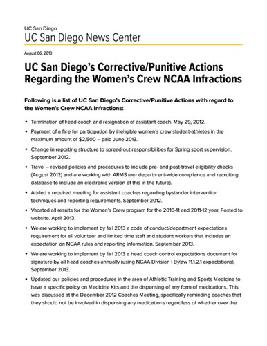 UC San Diego’s Corrective/Punitive Actions Regarding the Women’s Crew NCAA Infractions