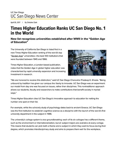 Times Higher Education Ranks UC San Diego No. 1 in the World
