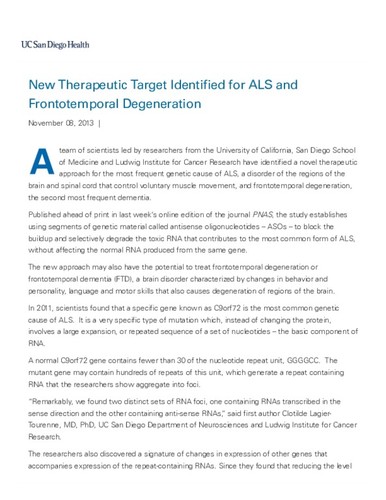 New Therapeutic Target Identified for ALS and Frontotemporal Degeneration