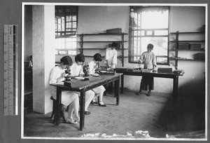 Students examining moths with microscopes, Guangzhou, Guangdong, China, 1931