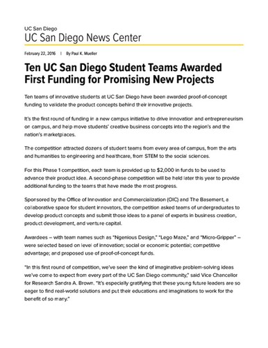 Ten UC San Diego Student Teams Awarded First Funding for Promising New Projects