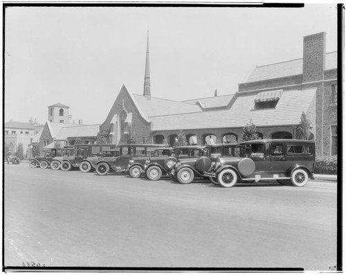 Hearses lined up in front of a mortuary, 95 North Marengo, Pasadena. 1925