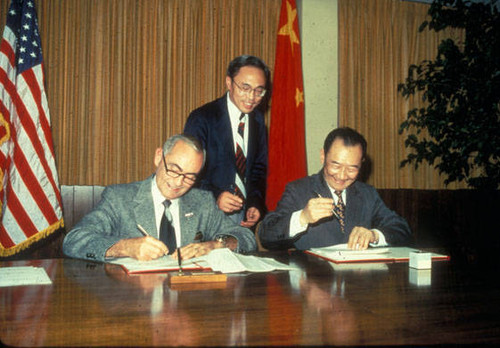 President James Cleary and Chinese Delegation Sign Educational Exchange Agreement, 1981