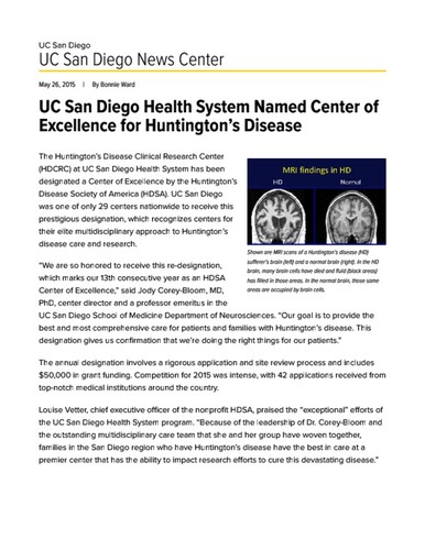 UC San Diego Health System Named Center of Excellence for Huntington’s Disease