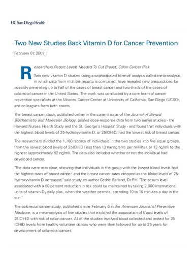 Two New Studies Back Vitamin D for Cancer Prevention - News from UCSD Medical Center