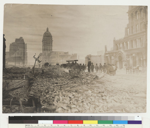 Fire ruins. April 18, 1906. Looking down Market St. toward the ferry landing. Phelan, Flood and Call buildings