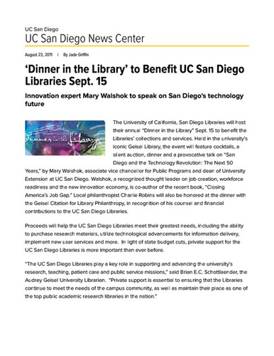 Dinner in the Library' to Benefit UC San Diego Libraries Sept. 15